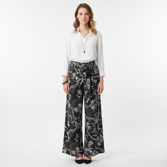 EST 1948 Black & White Floral Chain Print Belted Palazzo Wide Leg Pants XS NEW - Picture 7 of 7